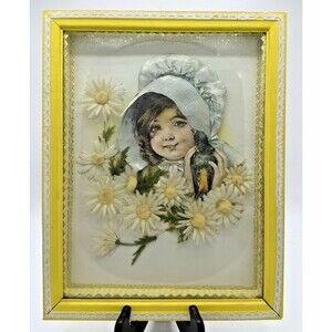 Vintage Dimensional Decoupage Girl/Bird W/ Daisies Shadow Box Picture 3D 1970’s